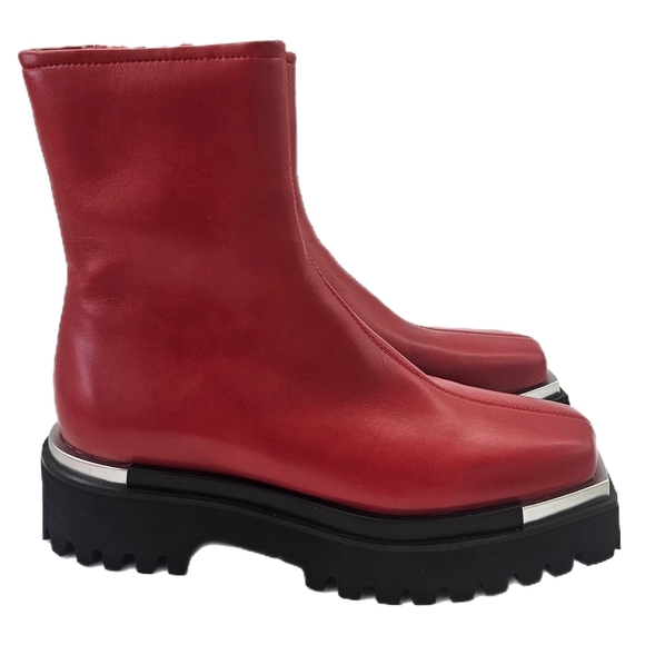 Jeffrey Campbell Devout Red Leather Chunky Lug Sole Platform Ankle Boots SIZE 6 - Picture 2 of 11